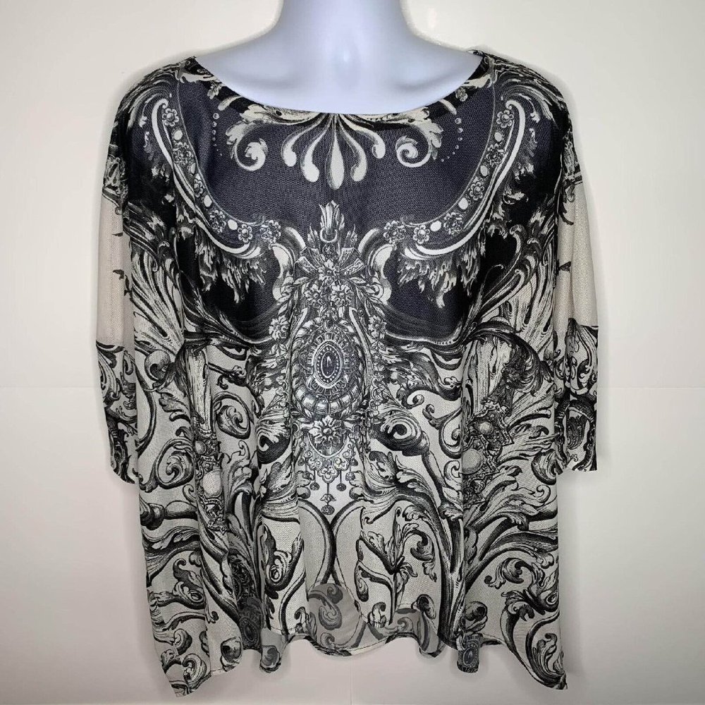 Amma Design Art To Wear Shirt Damask Design Top Black And White Womens Size L